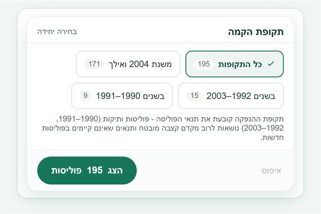 חלון סינון תקופת ההקמה בדף השוואת ביטוחי המנהלים - שלוש תקופות ההנפקה וכמה פוליסות במאגר שייכות לכל אחת מהן