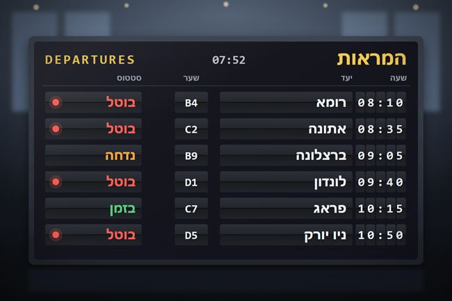 לוח המראות בשדה תעופה עם טיסות שבוטלו - ביטוח ביטול טיסה ונסיעה לחו"ל