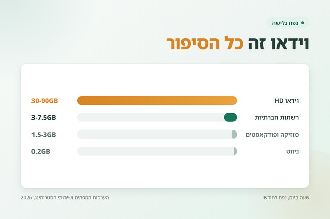 ארבע עמודות של צריכת נפח לפי סוג שימוש, כשעמודת הווידאו ארוכה בהרבה מכל השאר - כמה ג'יגה באמת צריך