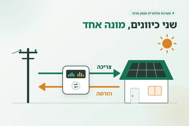 בית עם פאנלים על הגג ושני חצים אל הרשת, צריכה והזרמה - מערכת סולארית ומעבר לספק חשמל פרטי